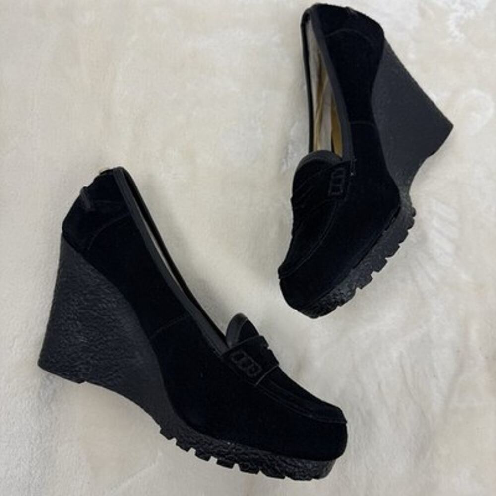 Michael Kors Rory Wedge Platform Loafers Black Suede Size 7 Lug Penny Loafer - Picture 2 of 14